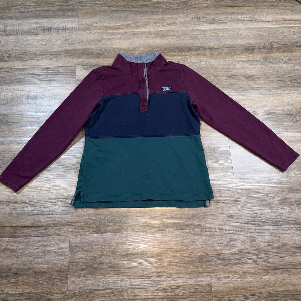VTG L.L. Bean Mens M Long Sleeve Colorblock 1/4 Button Popover Maroon Navy Green